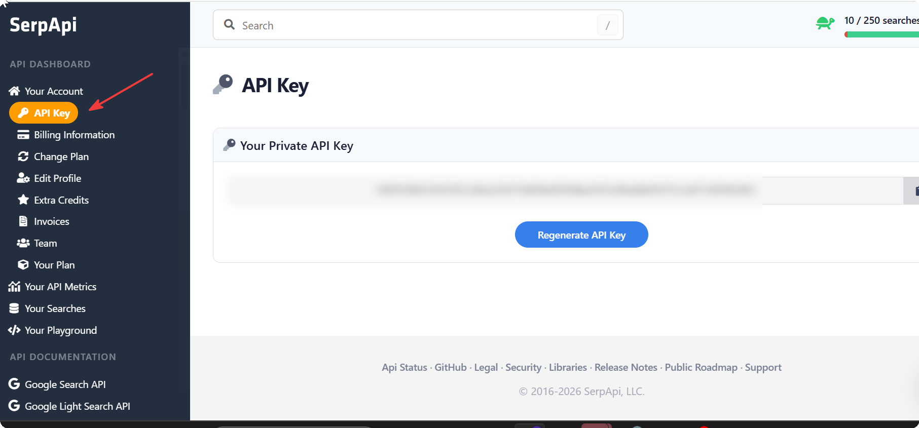 Раздел API Key в личном кабинете SerpApi