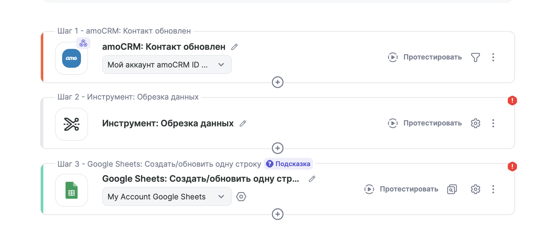 Связка из трёх шагов: amoCRM «Контакт обновлен», инструмент «Обрезка данных» и Google Sheets «Создать/обновить одну строку»
