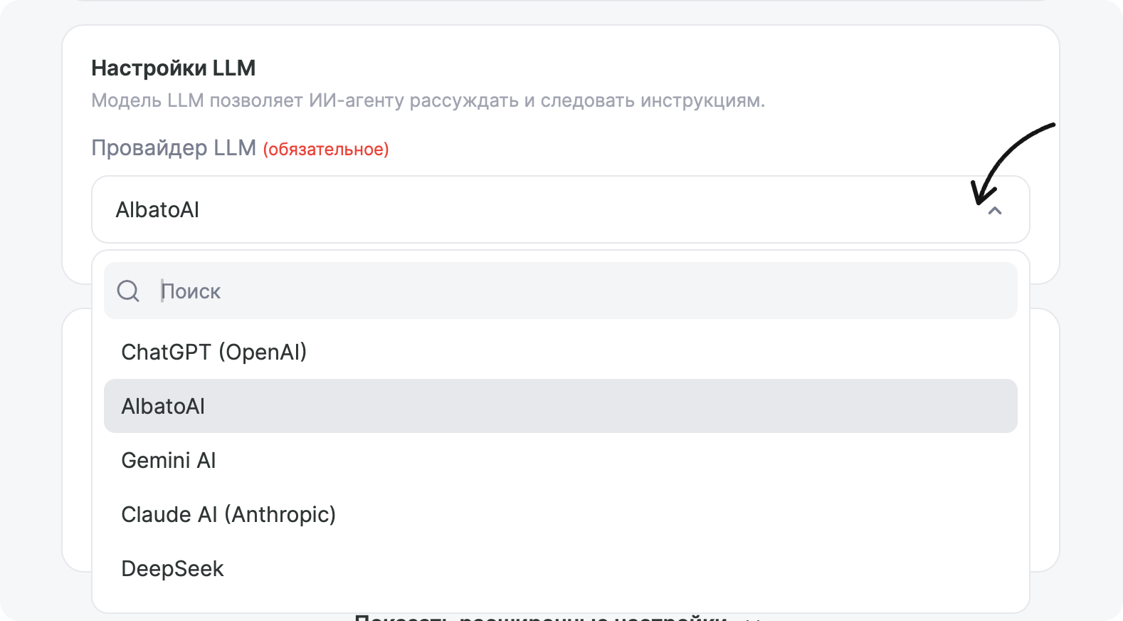 Поле «Провайдер LLM» с открытым списком: ChatGPT (OpenAI), AlbatoAI, Gemini AI, Claude AI (Anthropic), DeepSeek